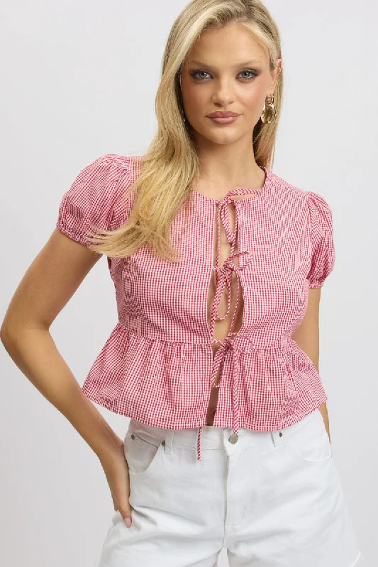 Red Check Tie Front Top Puff Sleeve