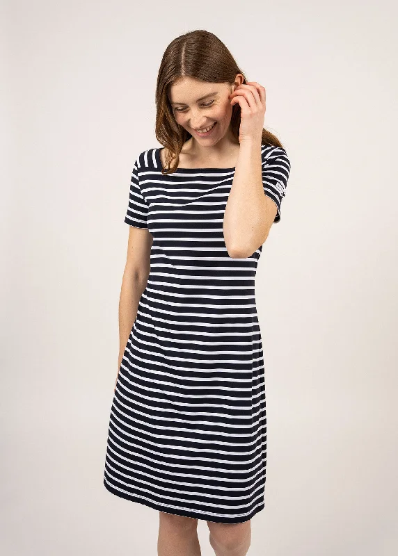 Tolède anti-UV striped dress - square neck, in recycled jersey (NAVY/NEIGE)