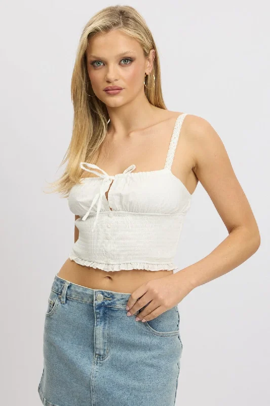 White Cami Top Shirred Button Front