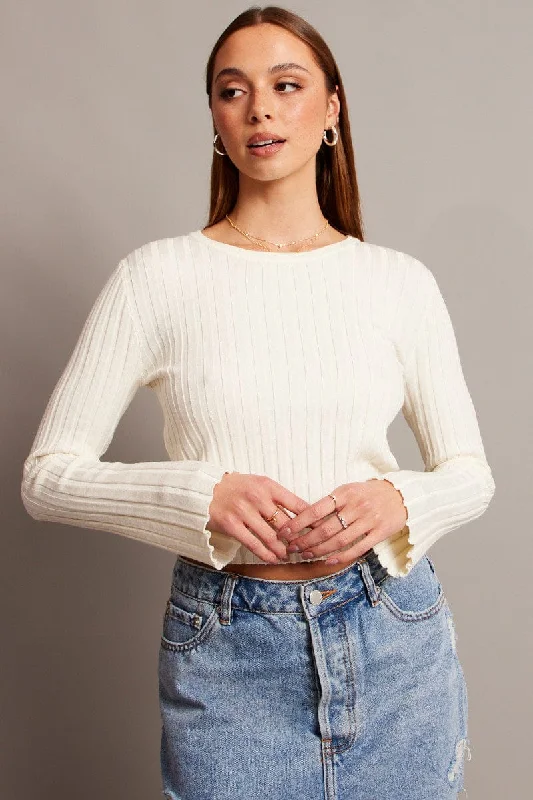 White Crop Jumper Boat Neck Long Sleeve