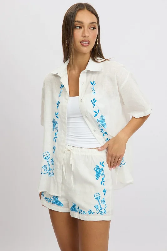 White Embroidery Shirt Short Sleeve Linen Blend