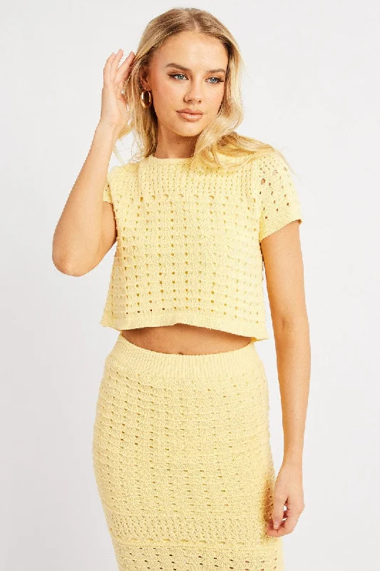 Yellow Knit Top Short Sleeve Crew Neck